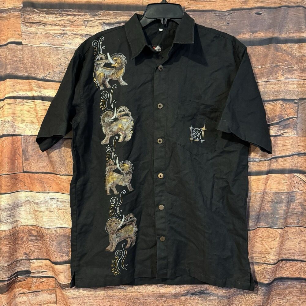 Sineth Fashions Tribal Elephant Camp Shirt Mens 17 Large XL Black Gold Graphic